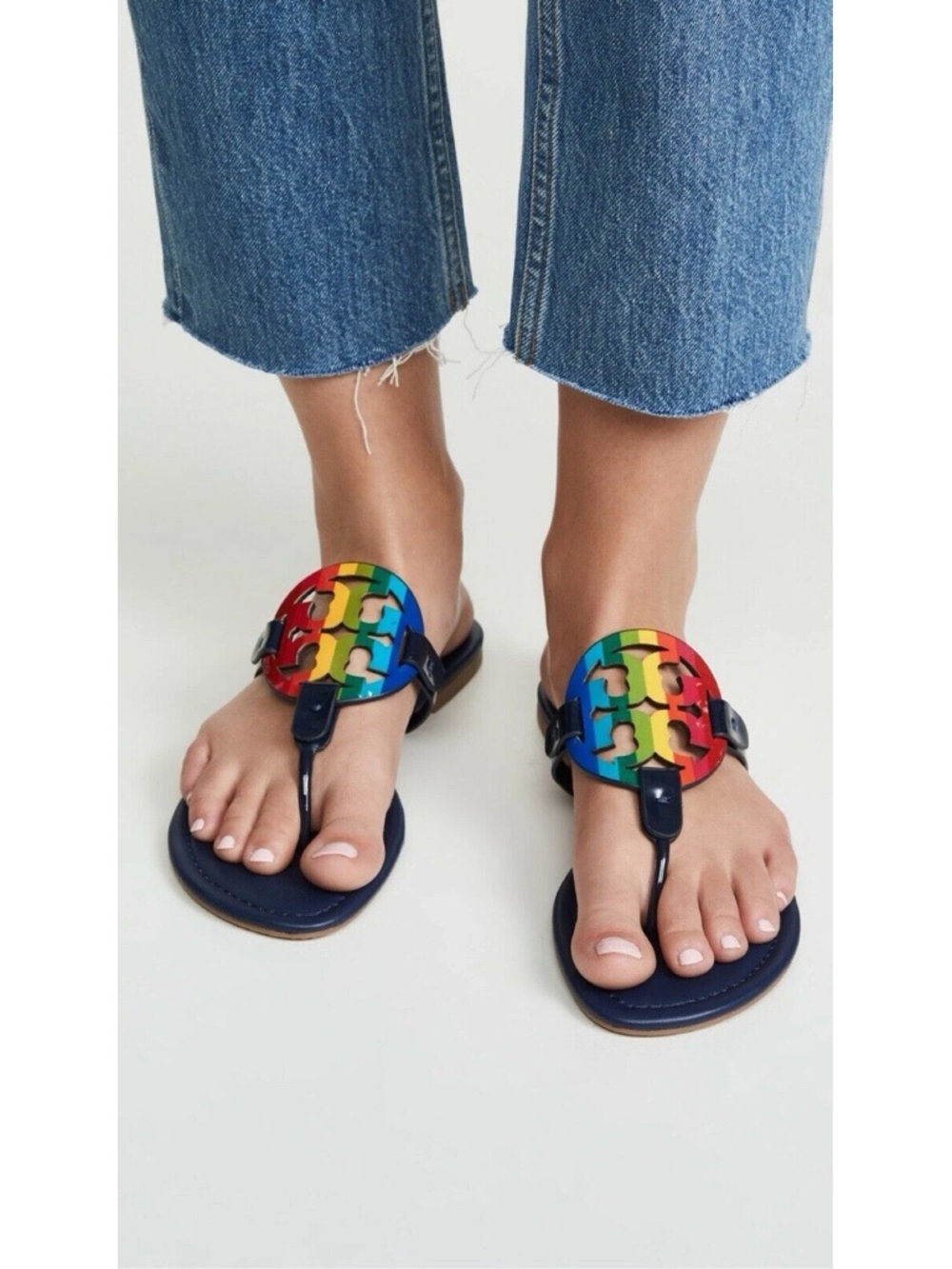 Tory Burch • Miller Sandal Rainbow / Royal Navy leather slide thong flip flop